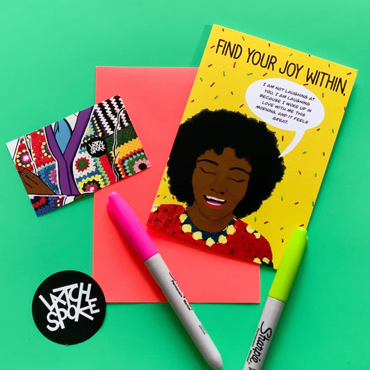 A6 greeting card with the text "Find Your Joy Within" and an empowering, colourful design.