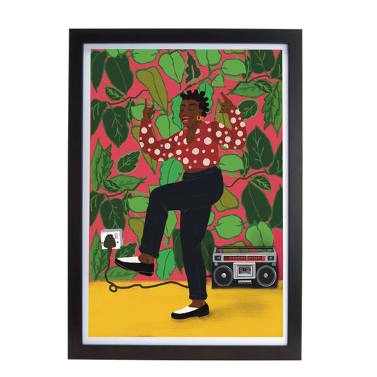 A3 poster depicting a person dancing alone at home, with a vibrant and expressive design.